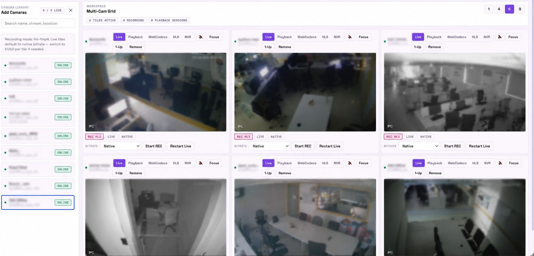 Sixteen-channel live camera grid displayed as a control room video wall
