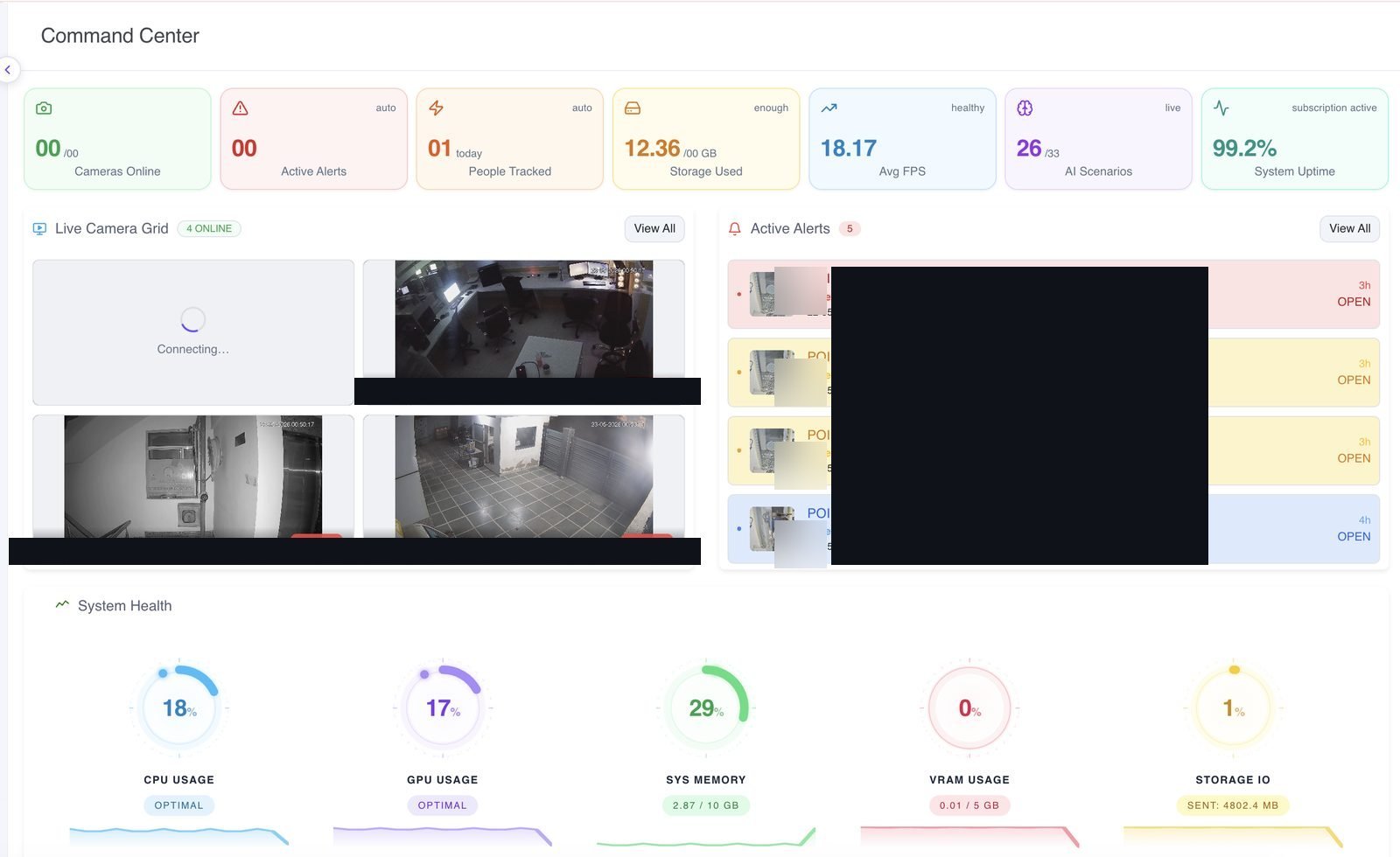 Command Center KPI tiles + live alerts feed