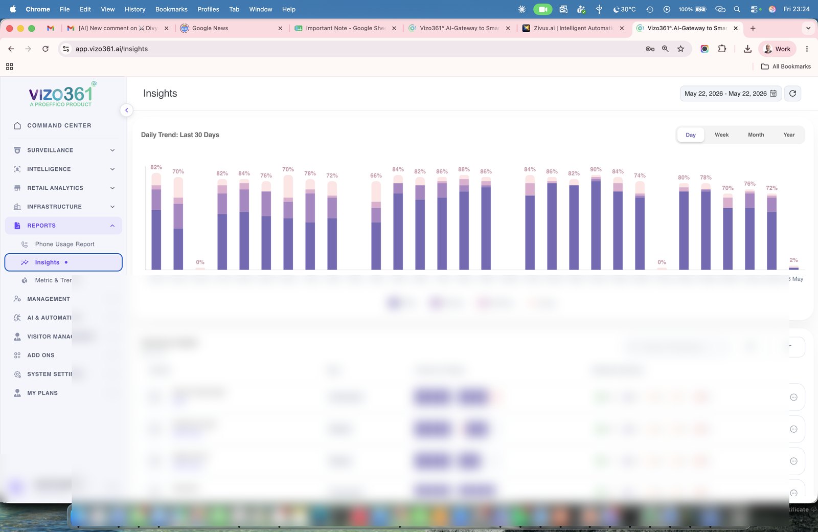 VIZO361 Insights — per-employee monthly attendance pattern.