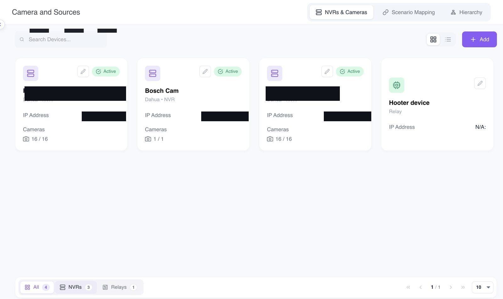 NVR + hooter device registry — hardware actuation