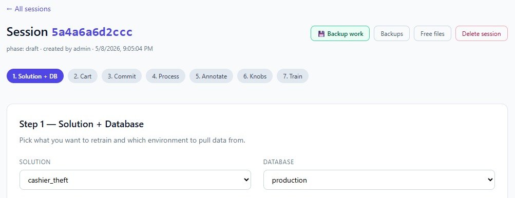 VIZO361 relearning pipeline — Step 1: pick solution + database to pull data from