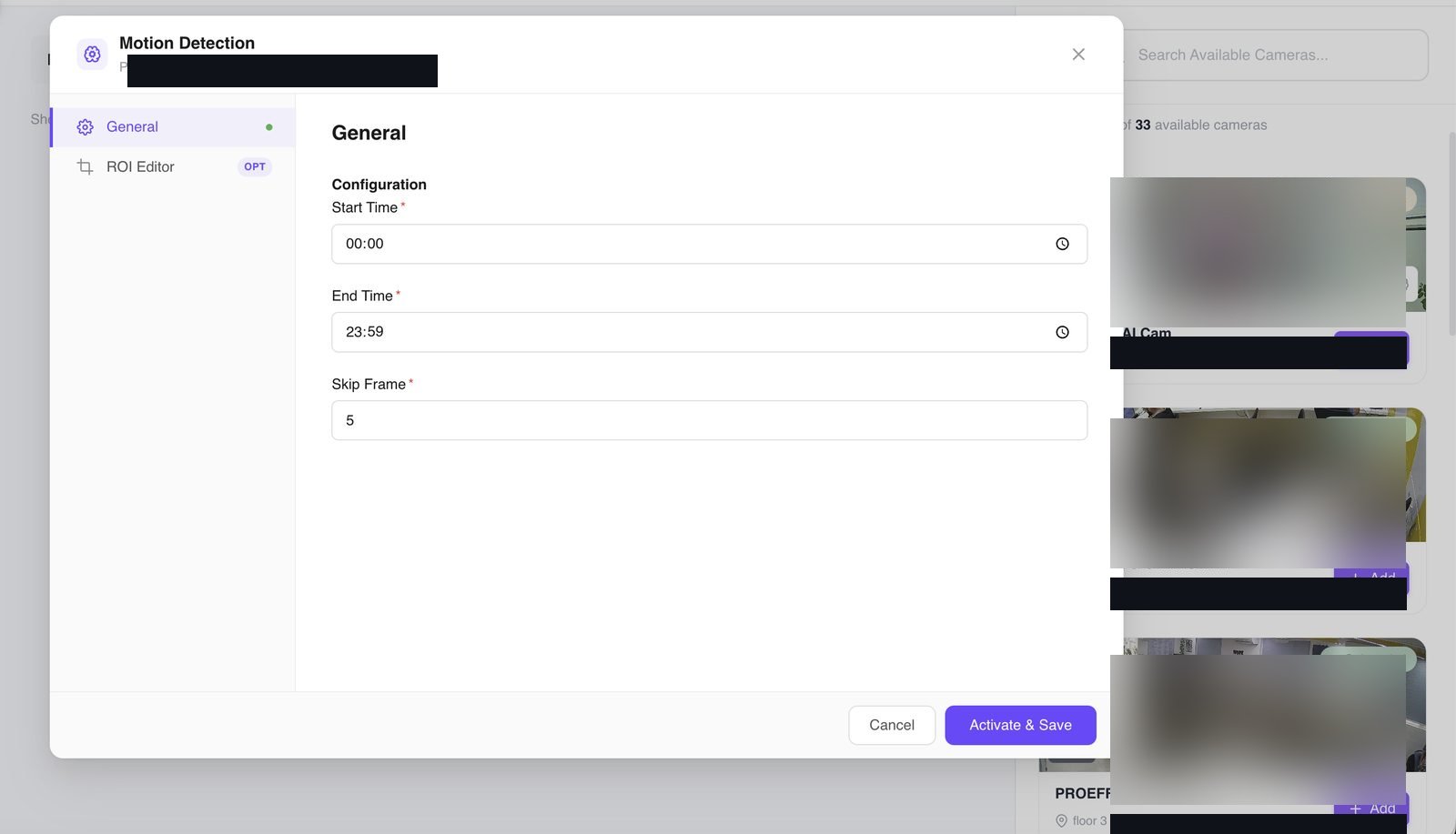 VIZO361 Motion Detection scenario configuration dialog