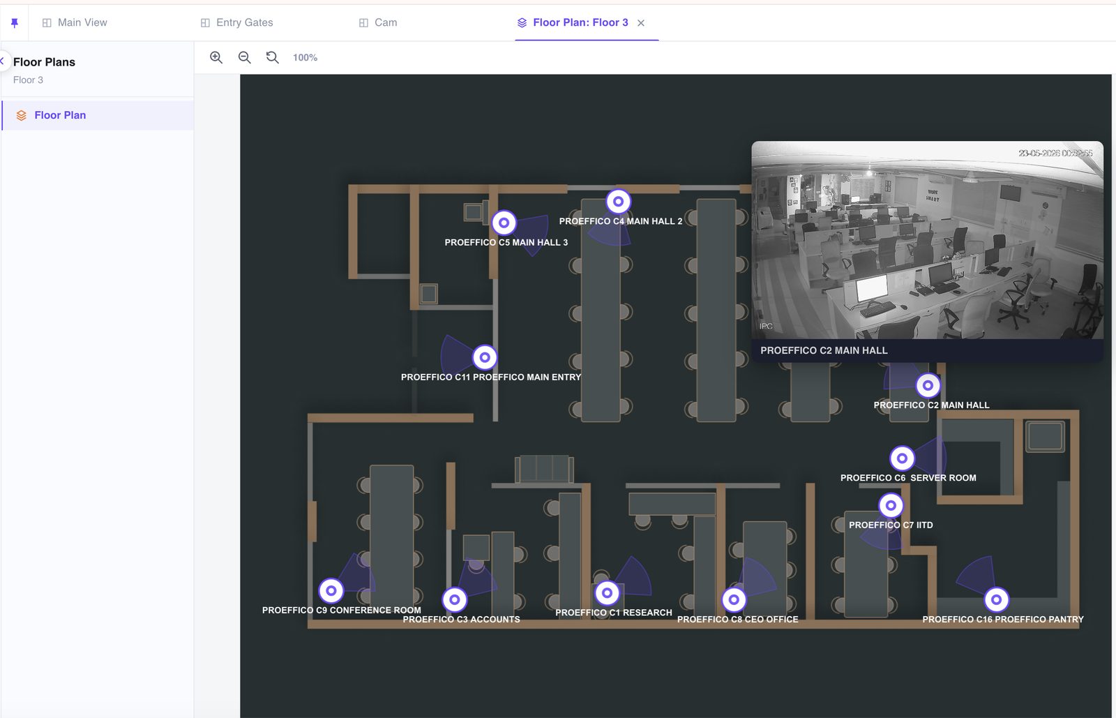 Interactive floor plan with camera markers and live preview popup