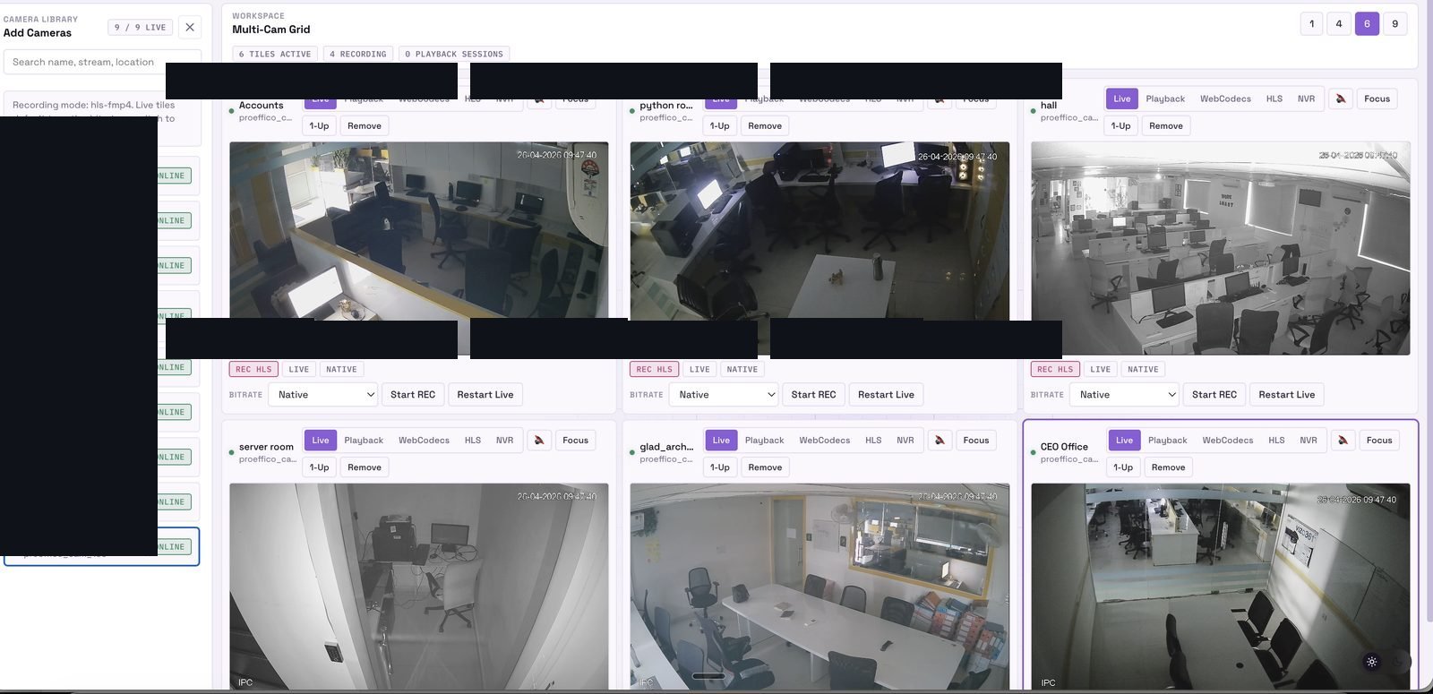 Multi-cam grid with per-tile live controls