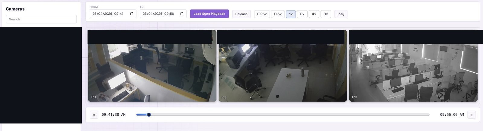 Synchronised multi-channel playback in the VIZO361 VMS with a shared timeline