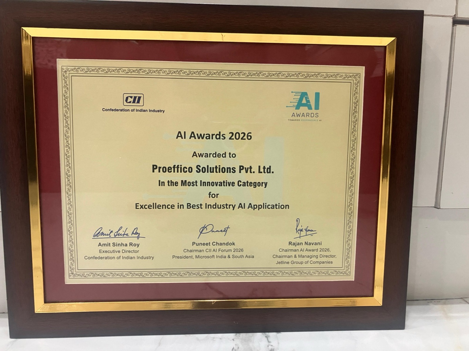 Framed CII AI Awards 2026 certificate: awarded to Proeffico Solutions Pvt. Ltd. in the Most Innovative Category for Excellence in Best Industry AI Application